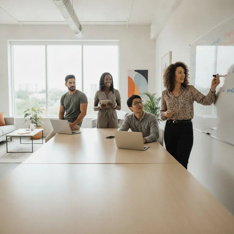 Agency team collaborating around a whiteboard in a meeting