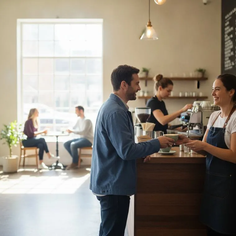 Cafe owner handing a customer their order at the counter
