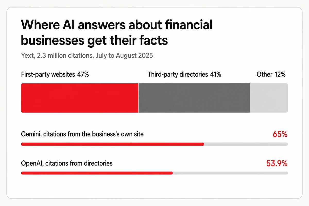 Share of AI citations for financial businesses, 47 percent from first-party websites and 41 percent from directories, per a 2025 Yext study