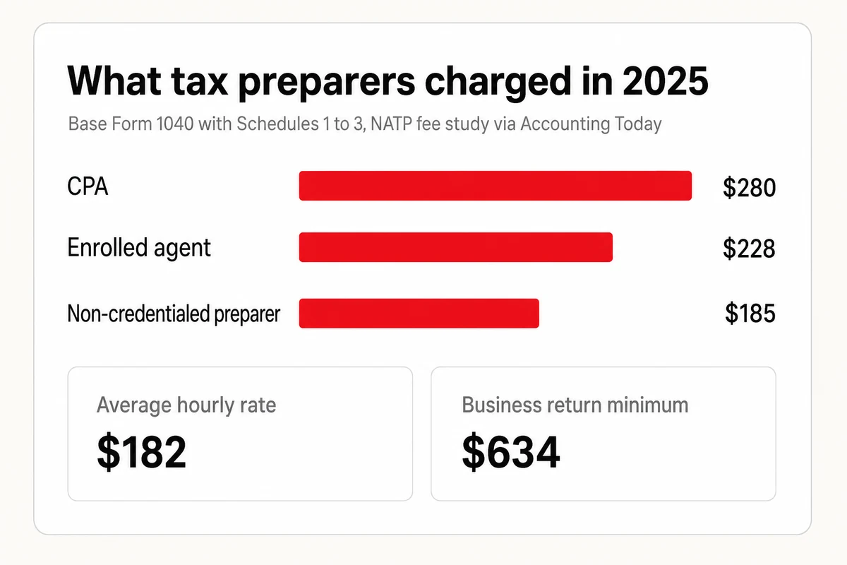 Average 2025 tax prep fees from the NATP study, a base 1040 at 280 dollars with a CPA, 228 with an enrolled agent, and 185 non-credentialed