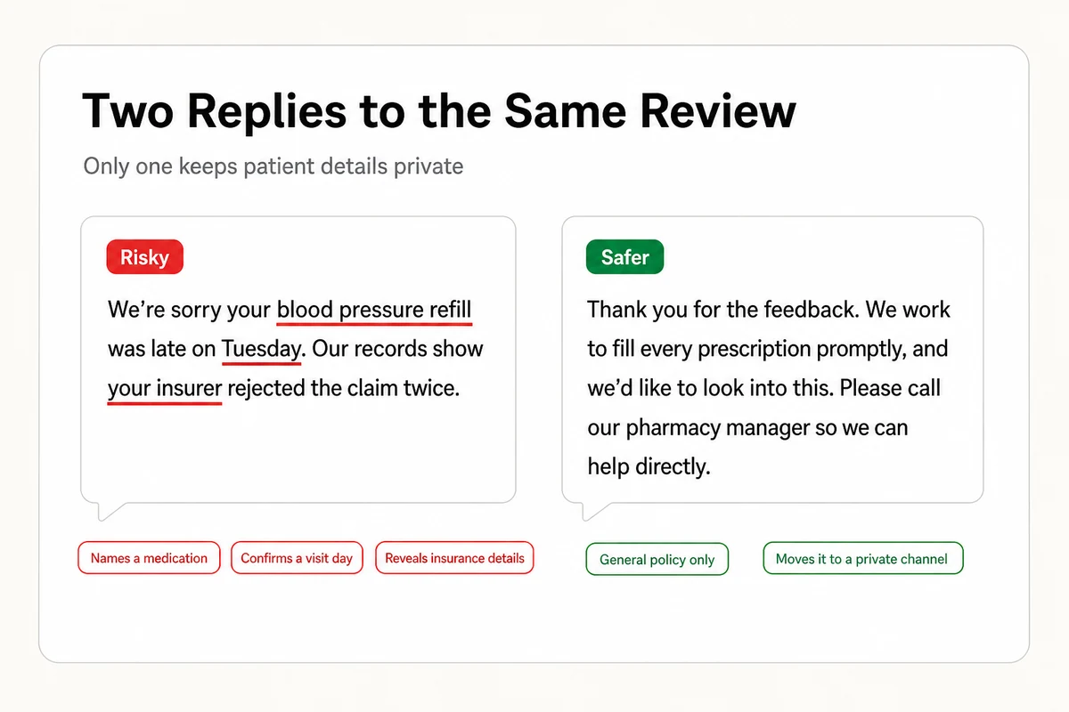 Two review replies side by side, one flagged for naming a medication, a visit day, and an insurer, and one that speaks only to general policy