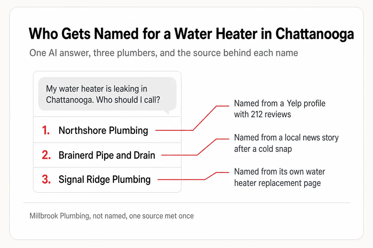 An AI answer naming three Chattanooga plumbers, each annotated with the source behind it, a Yelp profile, a local news story, and a service page
