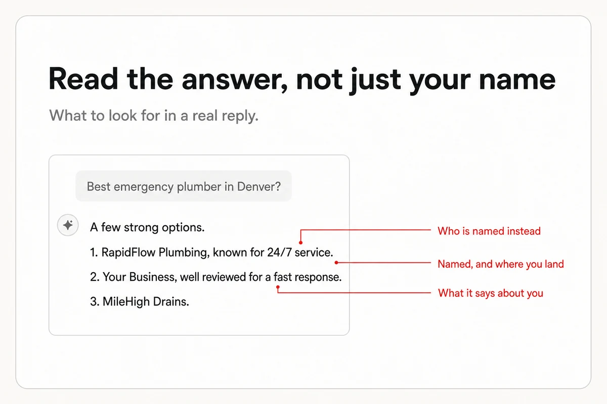 An AI reply about the best emergency plumber, annotated to show where your name lands, what it says about you, and which competitor is named.