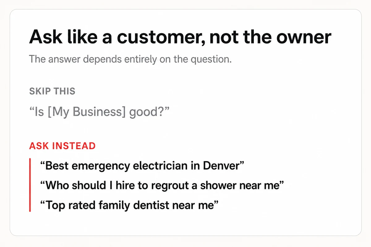 How to ask the way customers do, not whether your business is good but buyer questions like best emergency electrician in Denver.