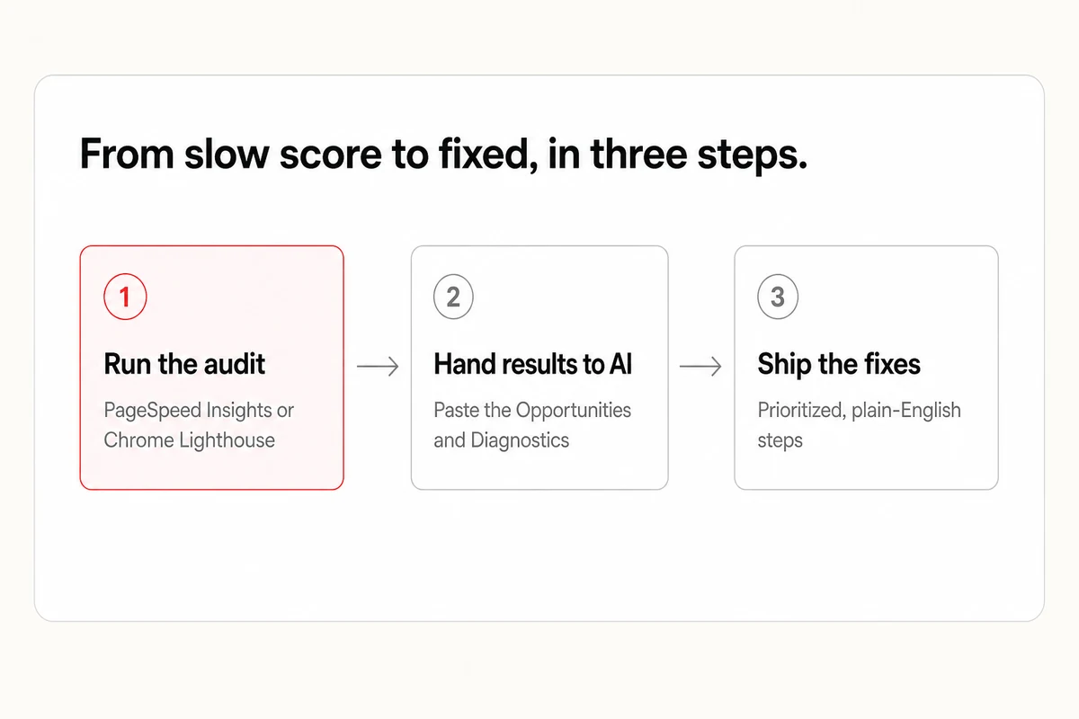From slow score to fixed in three steps, run the audit in PageSpeed or Chrome Lighthouse, hand the results to AI, then ship the fixes.