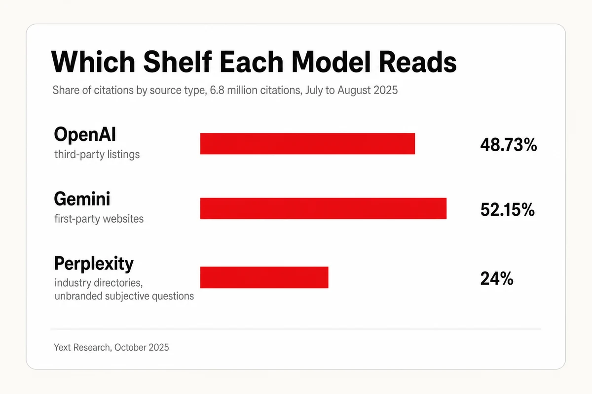 Citation shares by source type in Yext data, listings 48.73 percent for OpenAI and first-party websites 52.15 percent for Gemini