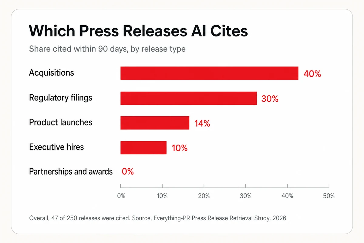 Bar chart from a 2026 study of 250 wire releases showing AI citation rates by type, from 40 percent for acquisitions down to zero for awards