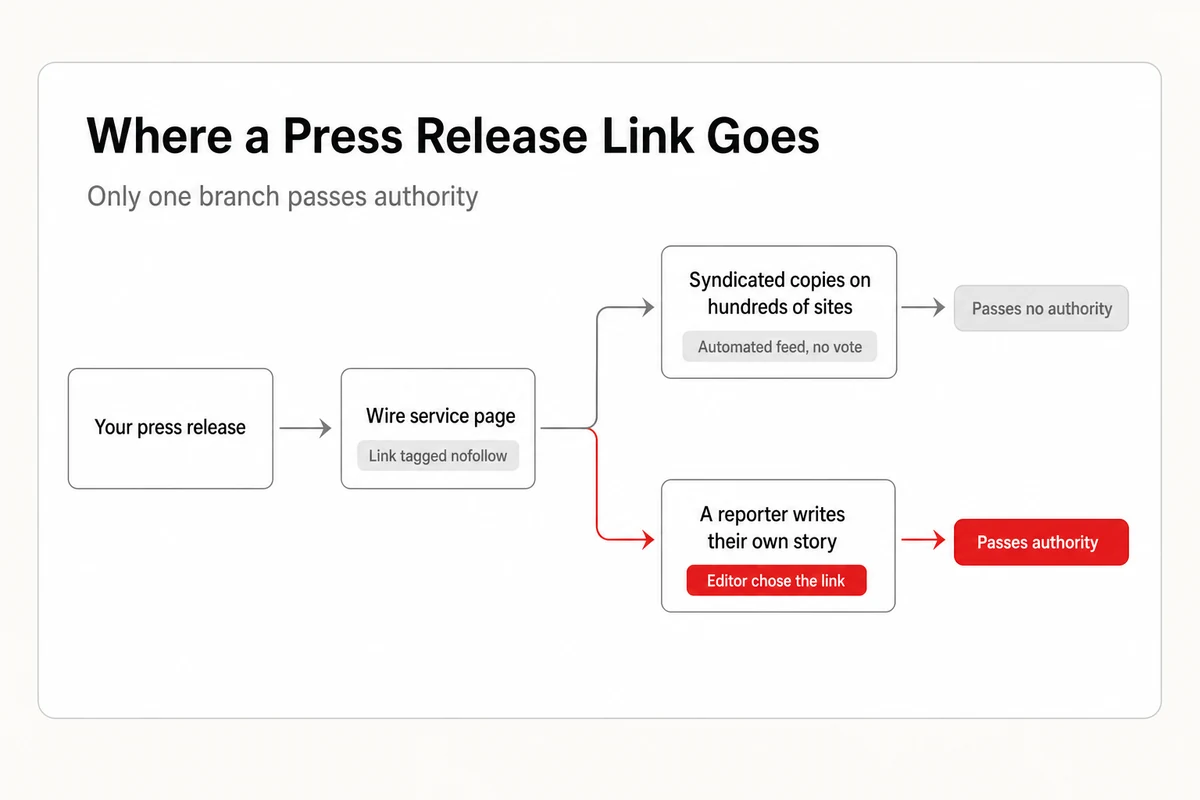 The path of one press release link, tagged nofollow at the wire, copied to syndicated sites with no vote, and only an editor pickup passing authority