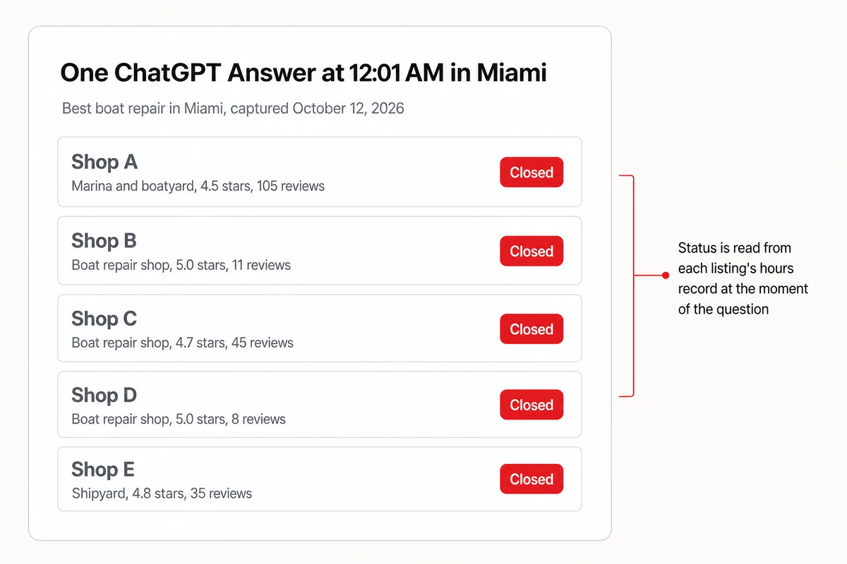 Five Miami boat repair cards from one ChatGPT answer at 12:01 AM, every card marked Closed, with the status read from each listing hours record