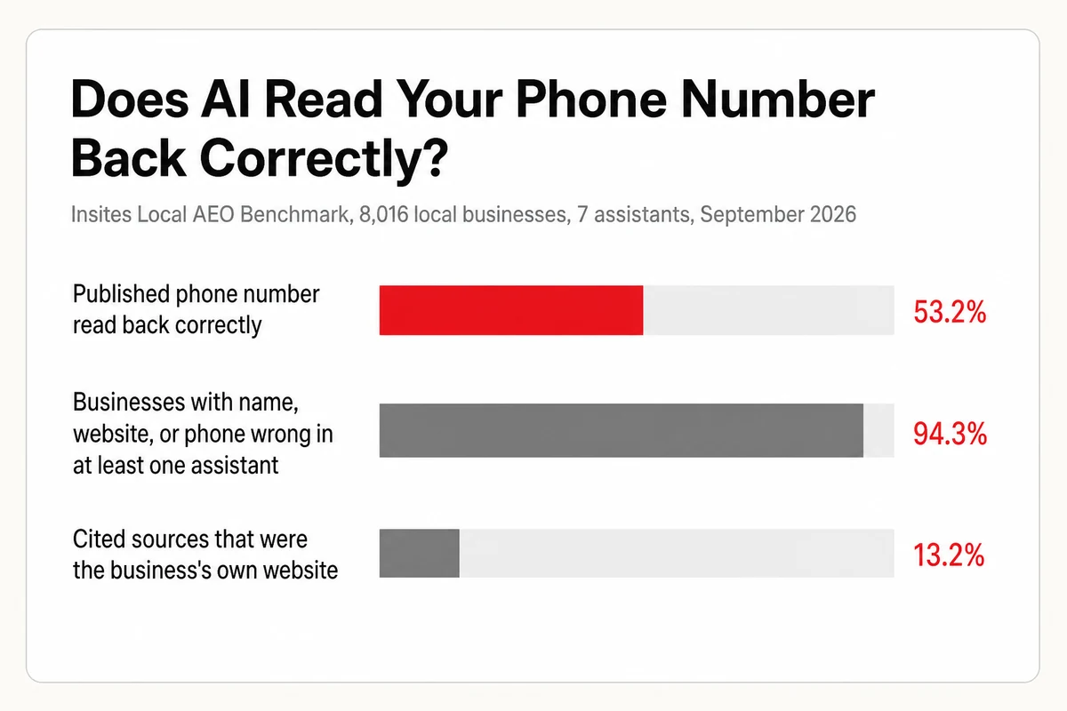 AI read a published phone number correctly 53.2 percent of the time, and 94.3 percent of businesses had a contact fact wrong, per Insites 2026