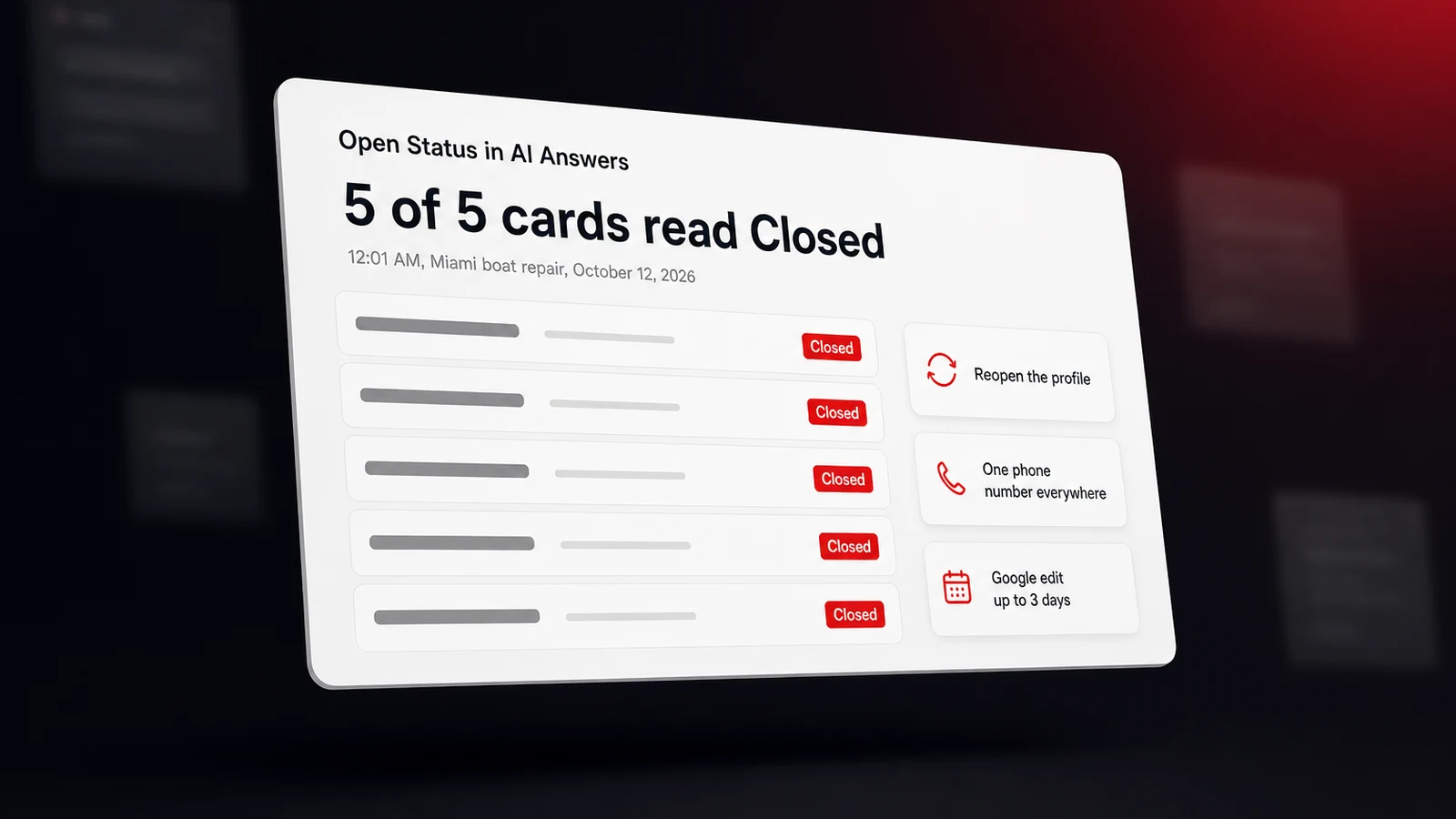 A tracker panel showing an AI answer card for a Miami boat repair shop marked Closed at 12:01 AM, with the status traced back to its hours record