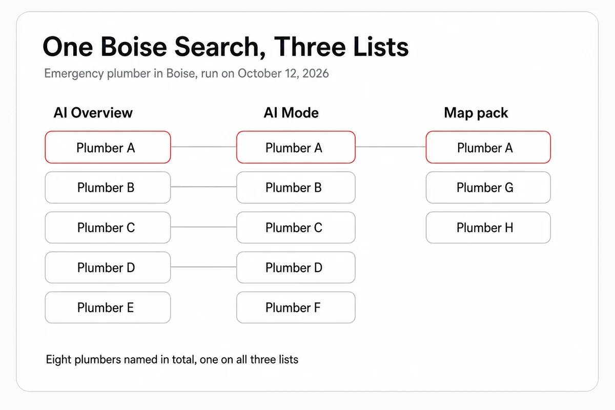 Three lists from one Boise plumber search, with the AI Overview and AI Mode sharing four of five plumbers and the map pack sharing one