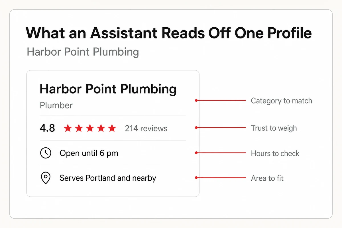 The Harbor Point Plumbing profile card annotated with what AI reads, the category, hours, service area, and a 4.8 rating across 214 reviews