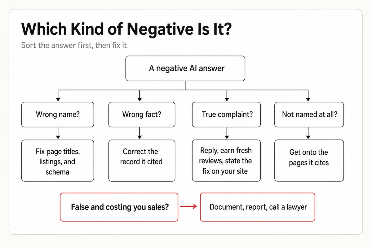 Decision tree sorting a negative AI answer into true complaint, wrong name, wrong fact, or omission, each ending in its own fix