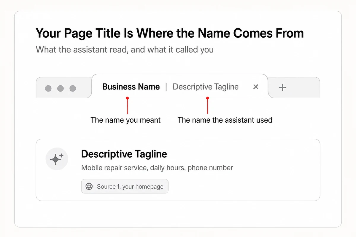 A page title split at the pipe, with the business name on the left and the tagline on the right that an assistant used as the name