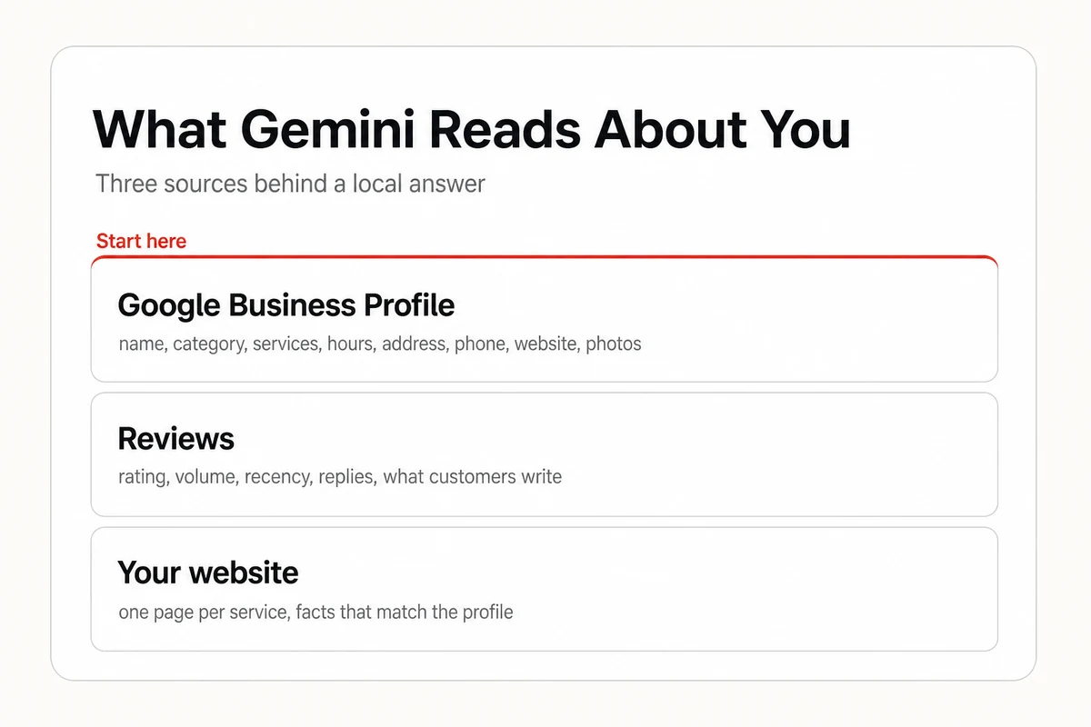 Three sources Gemini reads about a local business, the Business Profile, reviews, and the website, with the profile marked as the place to start