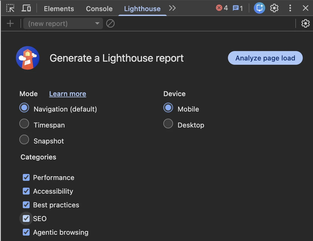 The Lighthouse tab in Chrome DevTools set to Navigation mode and Mobile, every category checked, with the Analyze page load button at the top right