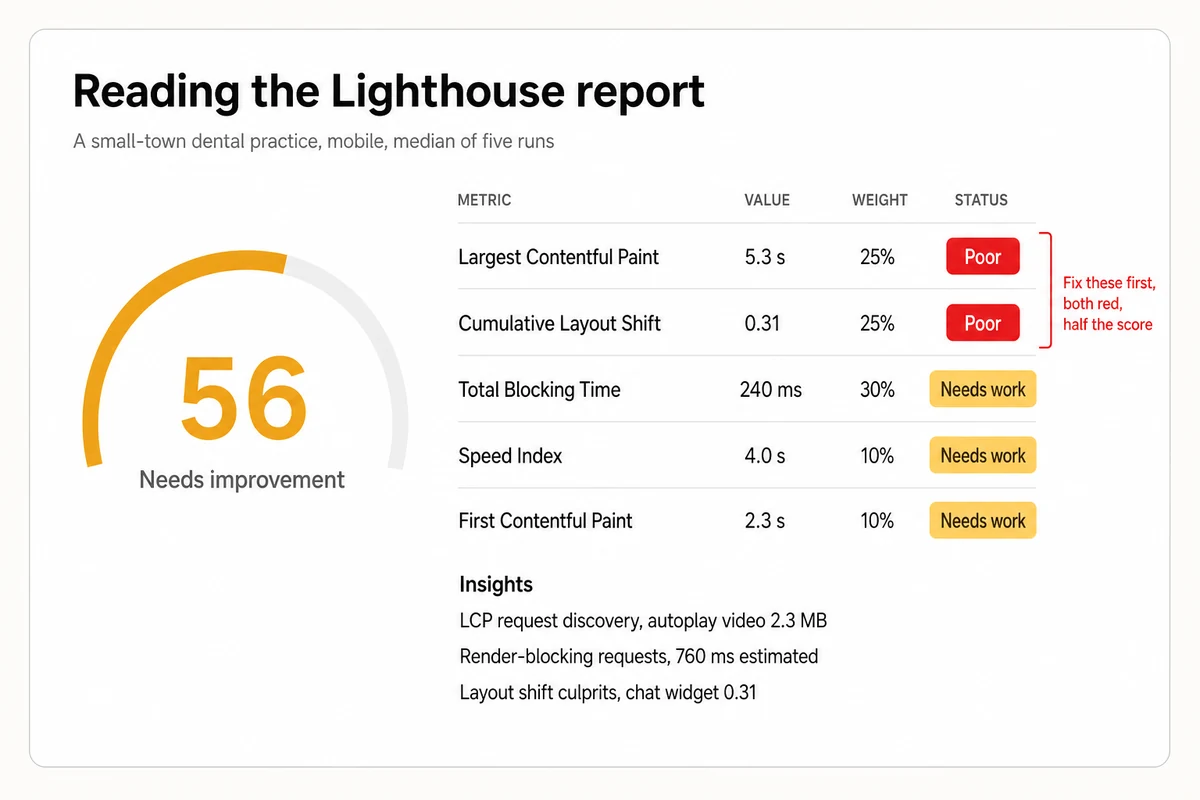 A small-town dental practice scores 56 on mobile, with Largest Contentful Paint and Cumulative Layout Shift in the red and flagged to fix first