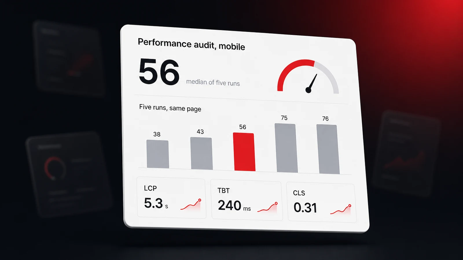 A mobile performance audit panel showing a median score of 56 across five runs that ranged from 38 to 76, with LCP 5.3 seconds and layout shift 0.31