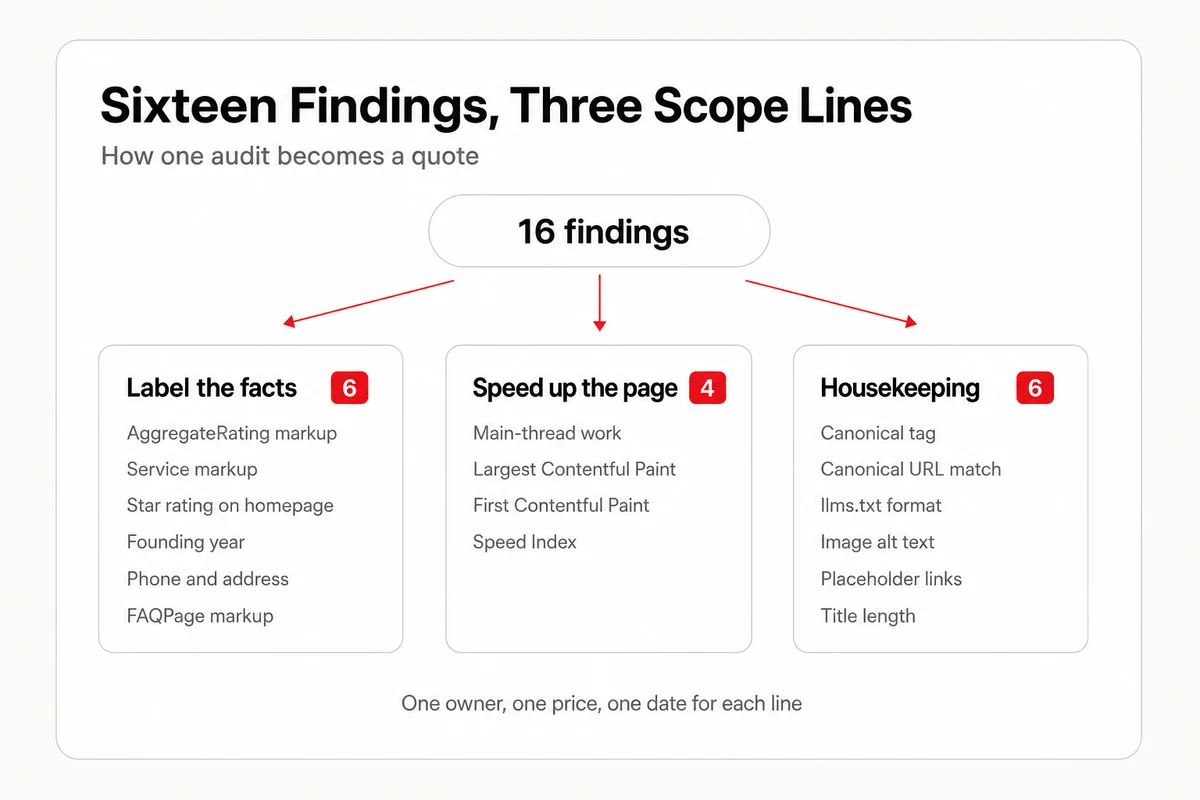 Sixteen audit findings sorted into three scope lines, six for structured data, four for page speed, and six for housekeeping