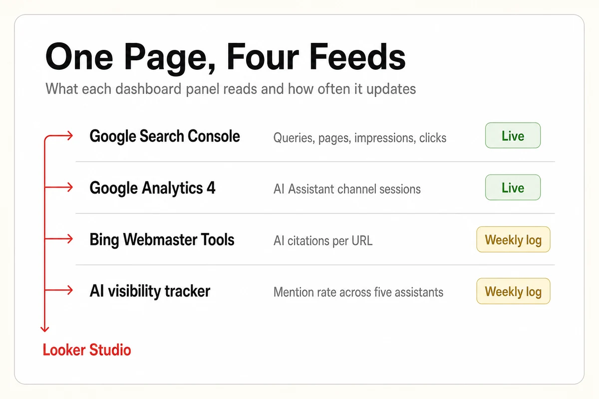 Four dashboard feeds in two columns, Search Console and GA4 connected live, Bing citations and tracker mention rate logged weekly