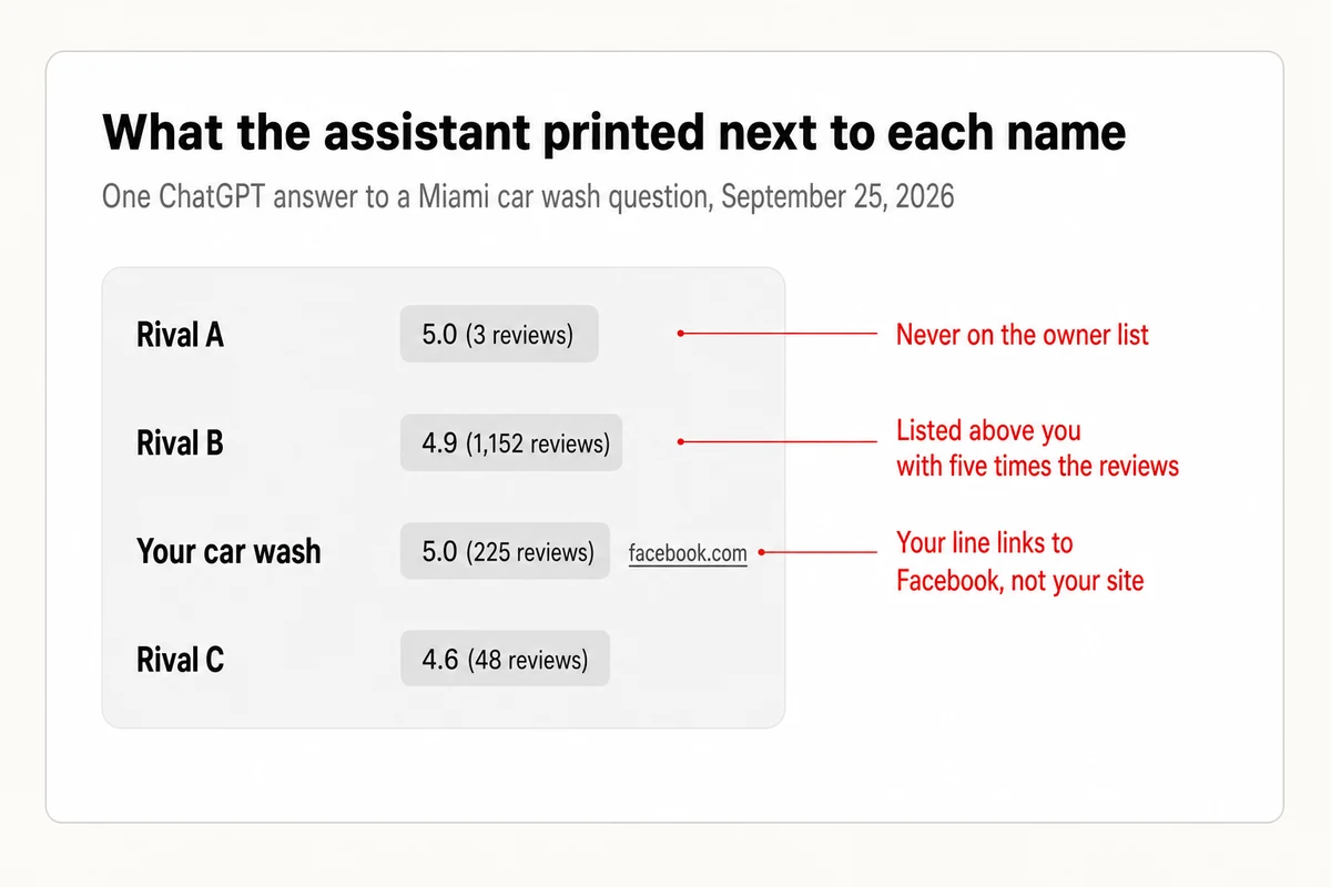An annotated AI answer where a rival with 1,152 reviews sits above the business with 225, and the business line links to a Facebook page