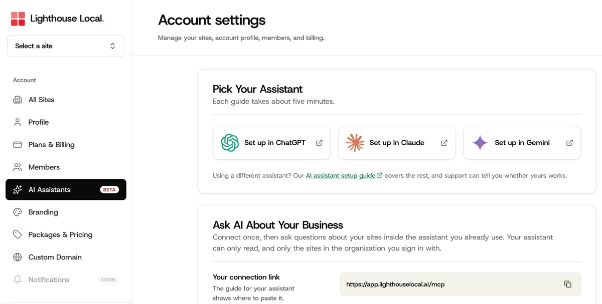 The AI Assistants page in Lighthouse Local settings, with one setup card per assistant and the connection link to copy