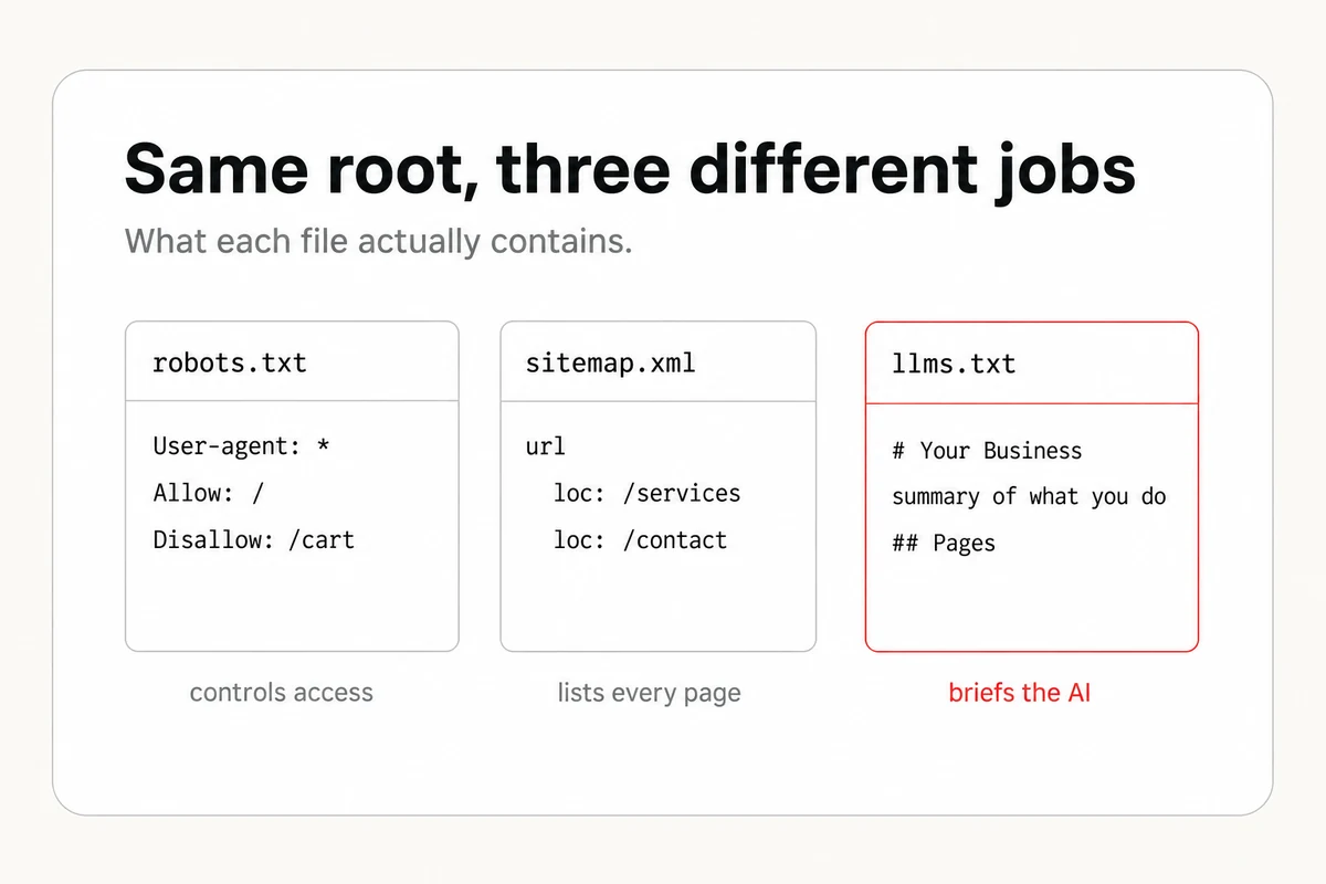 Three site-root files side by side, robots.txt controlling crawler access, sitemap.xml listing pages, and llms.txt briefing the AI.