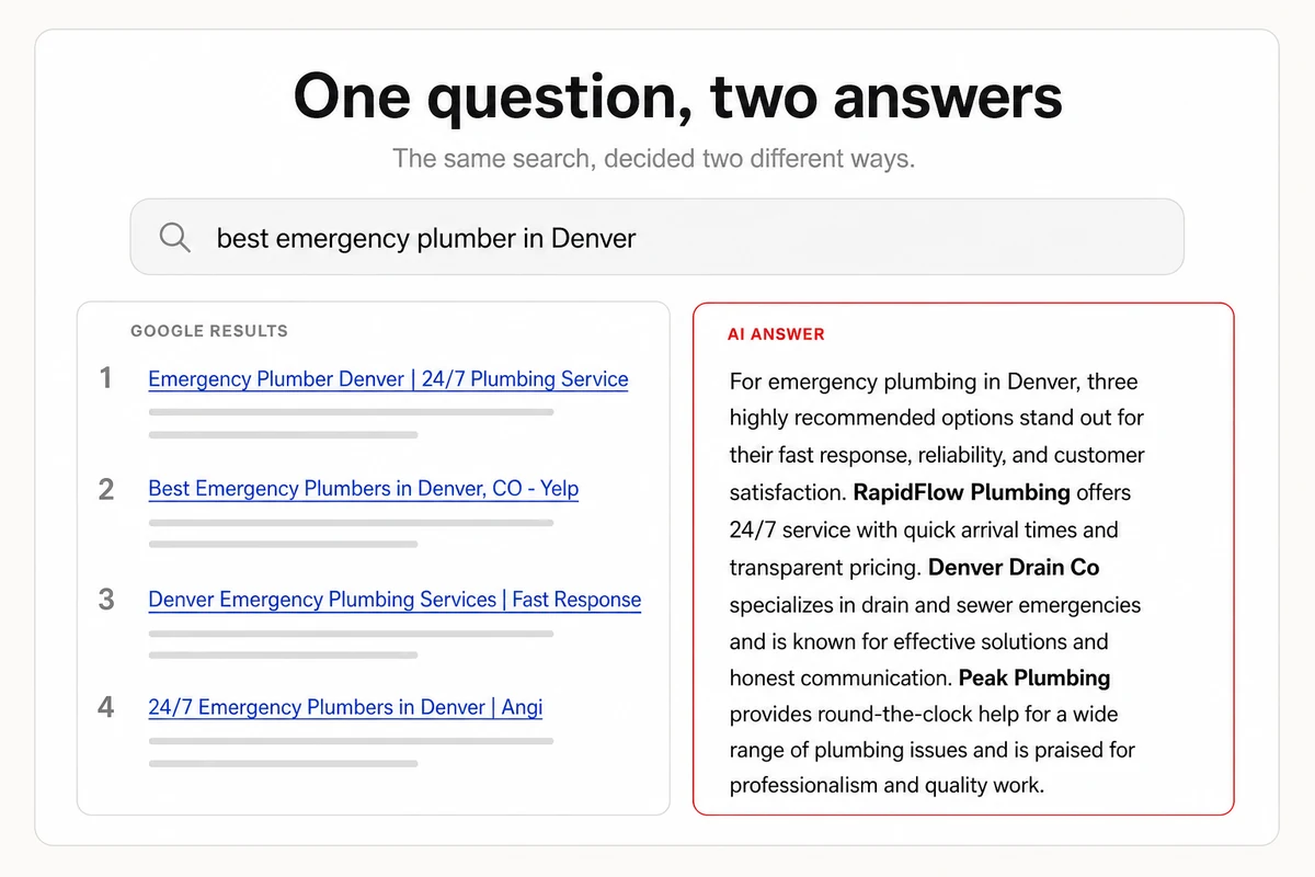 The same search two ways, a Google page of ranked blue links on one side and an AI answer that names a few businesses on the other.