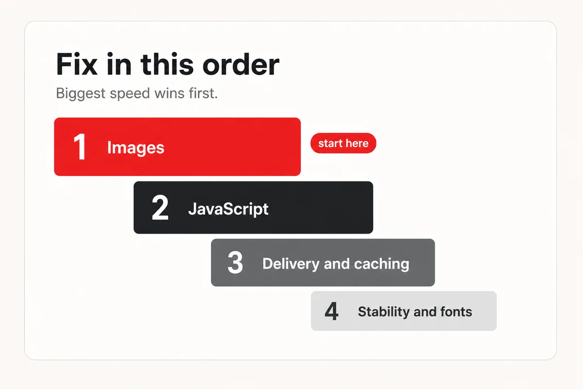 A ranked staircase of speed fixes, images at the top as the biggest win, then JavaScript, delivery and caching, and stability.