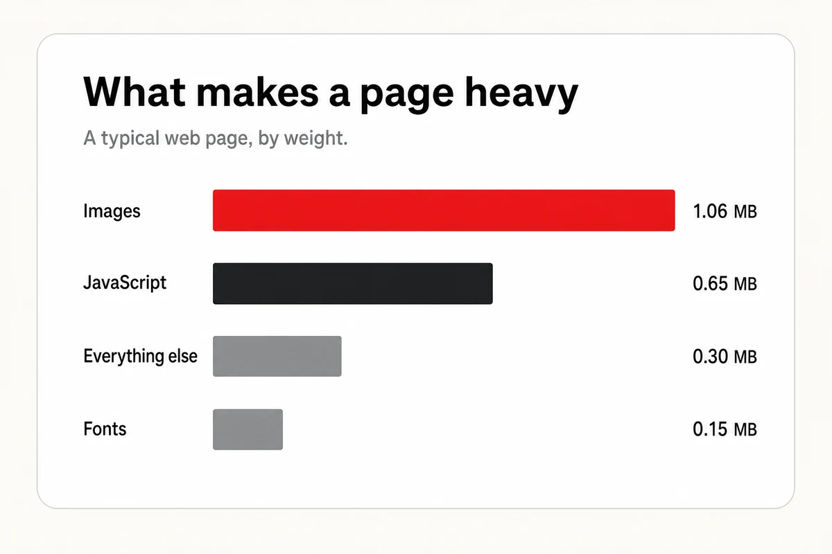 A weight breakdown of a typical web page, with images by far the largest slice at about 1 MB, ahead of JavaScript, fonts, and everything else.