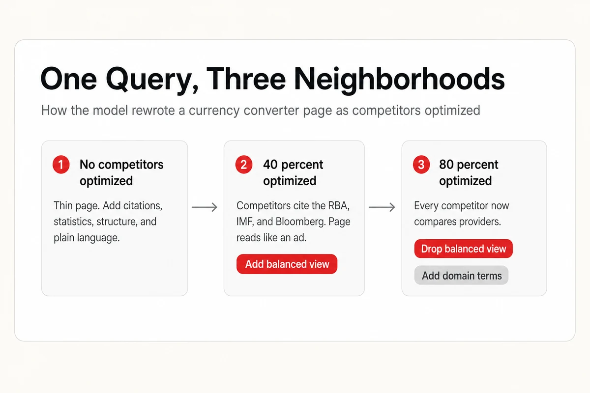 Three steps for one currency converter query showing the chosen tactics shift as more competing pages optimize, balanced view added then dropped