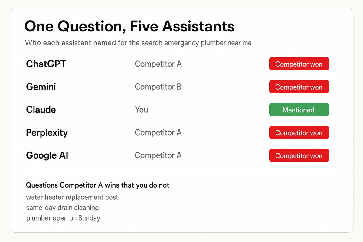 Tracker view of one customer question showing which competitor each AI assistant named and the questions a rival wins instead of you