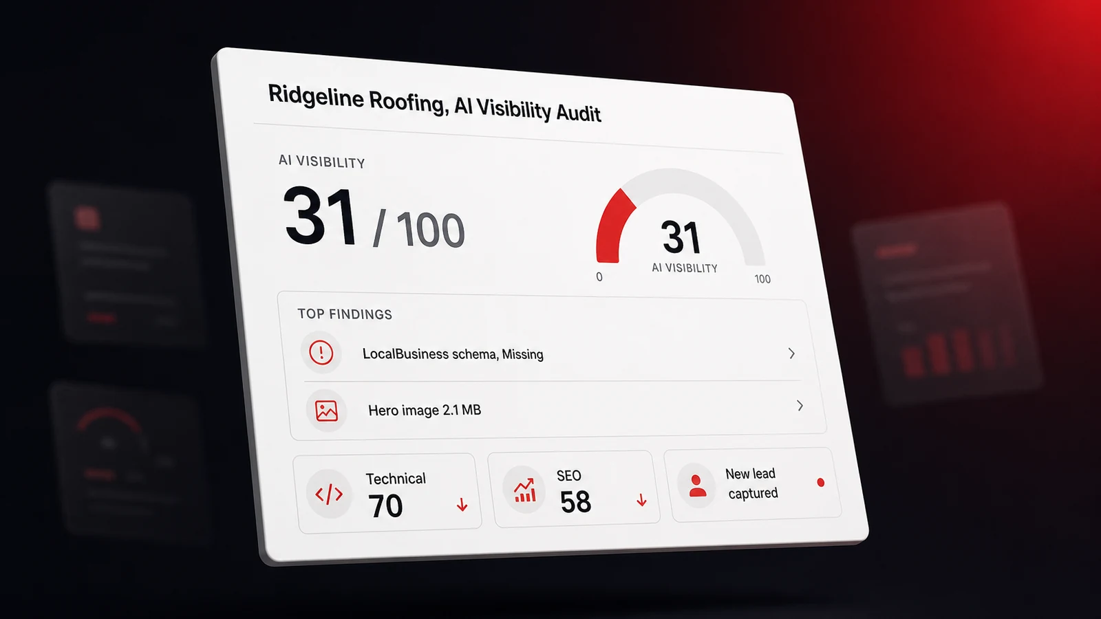 A branded AI visibility audit results page for a roofing company showing six category scores and a captured lead