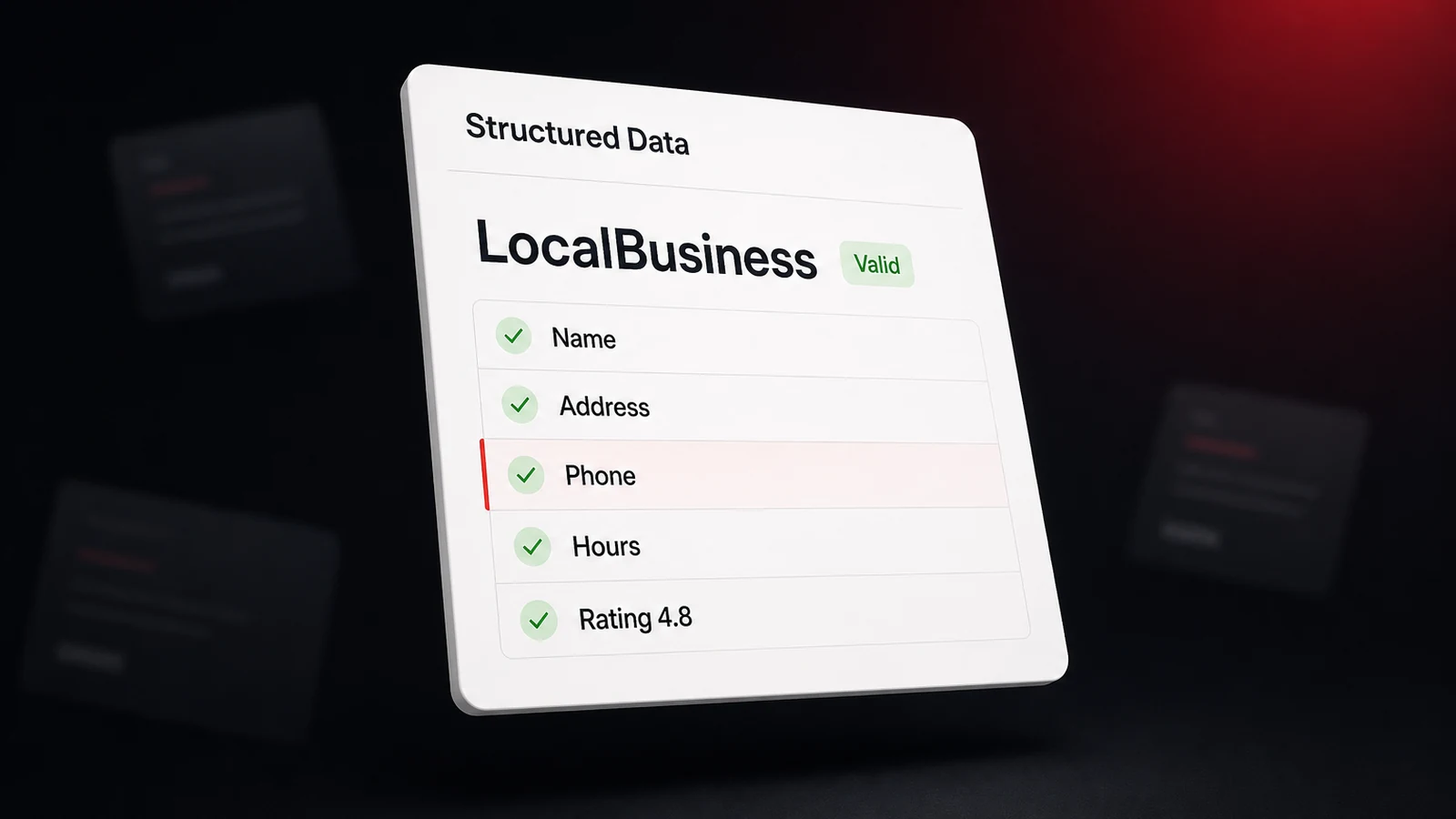 A Structured Data dashboard showing a LocalBusiness entity marked valid, with green checks on its detected name, address, phone, hours, and rating