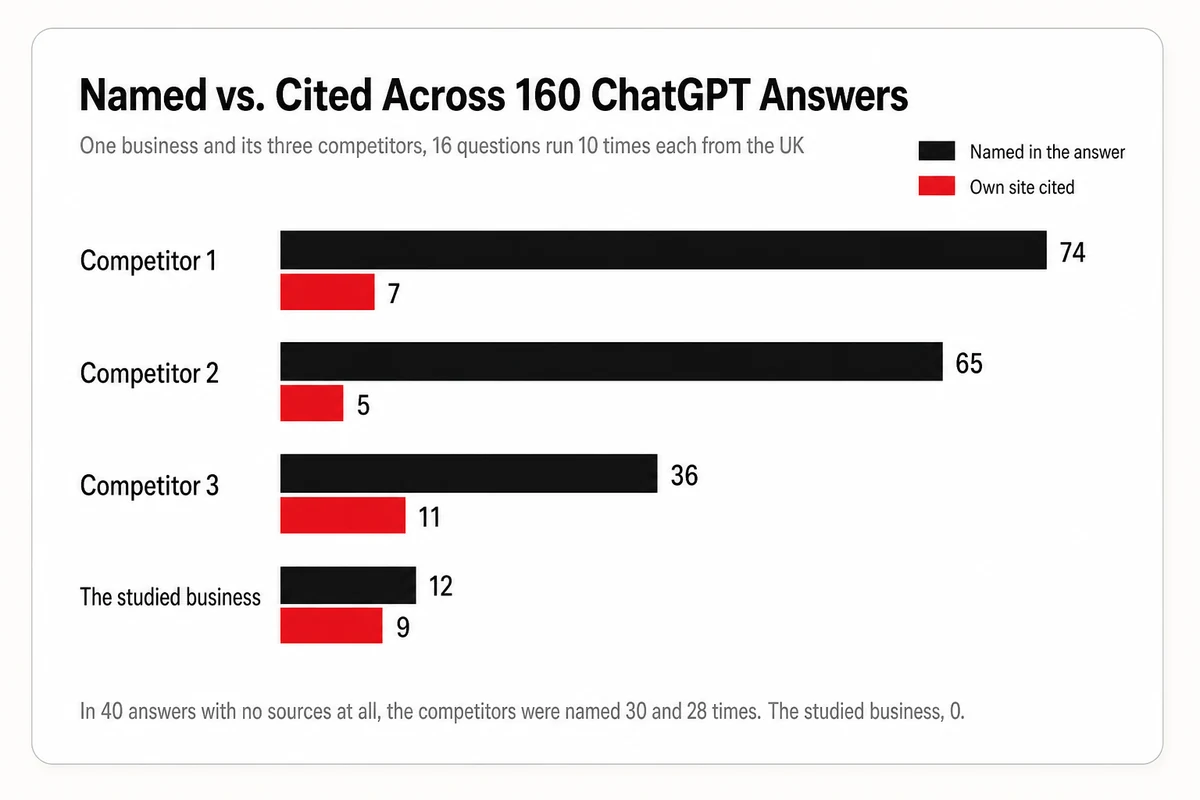 Bar chart of 160 ChatGPT answers, the leading competitor named 74 times but cited 7, the studied business named 12 times and cited 9