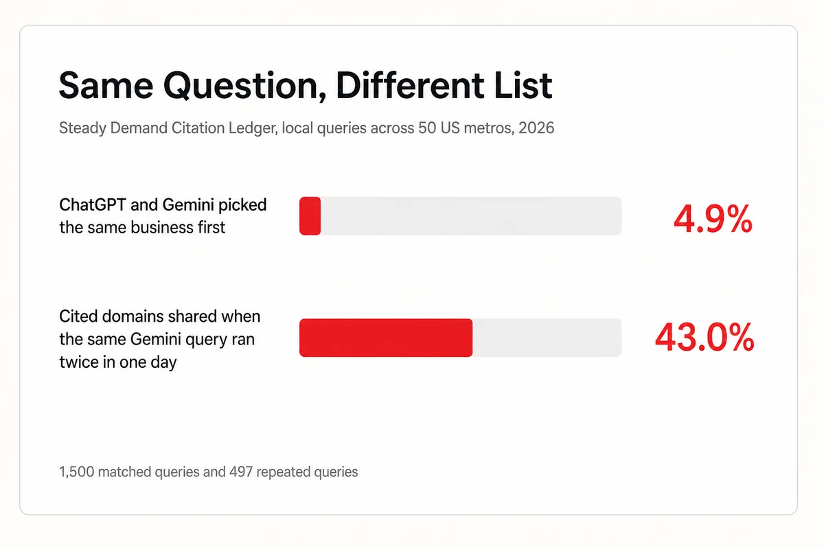 Two bars from a 2026 study, 4.9 percent same first pick, ChatGPT vs. Gemini, and 43 percent cited domain overlap on repeated Gemini queries